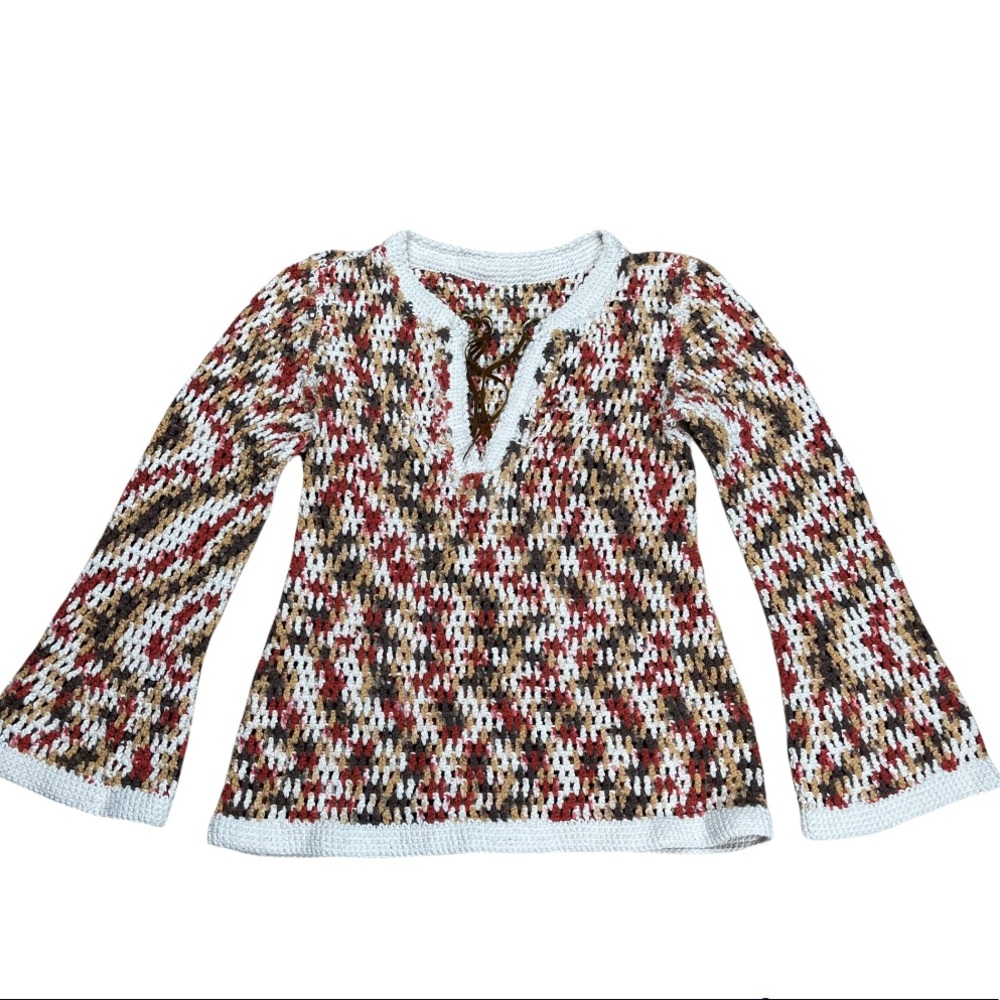 Handmade Crochet Boho Wide Sleeve Sweater Mandarin Collar‎ Size around S/M